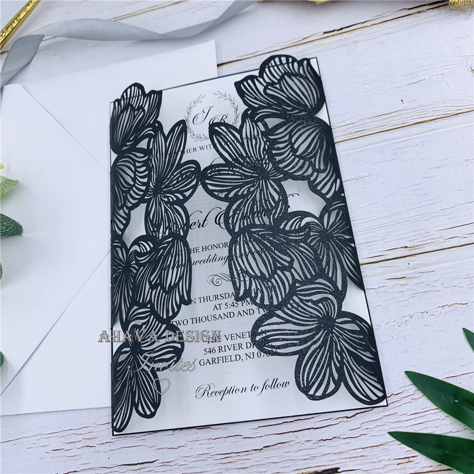 Изящная черная блестящая лазерная резка для свадьбы Приглашение с