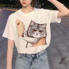 Женская футболка в стиле Харадзюку, Повседневная футболка с коротким рукавом и изображением милого кота, 2021