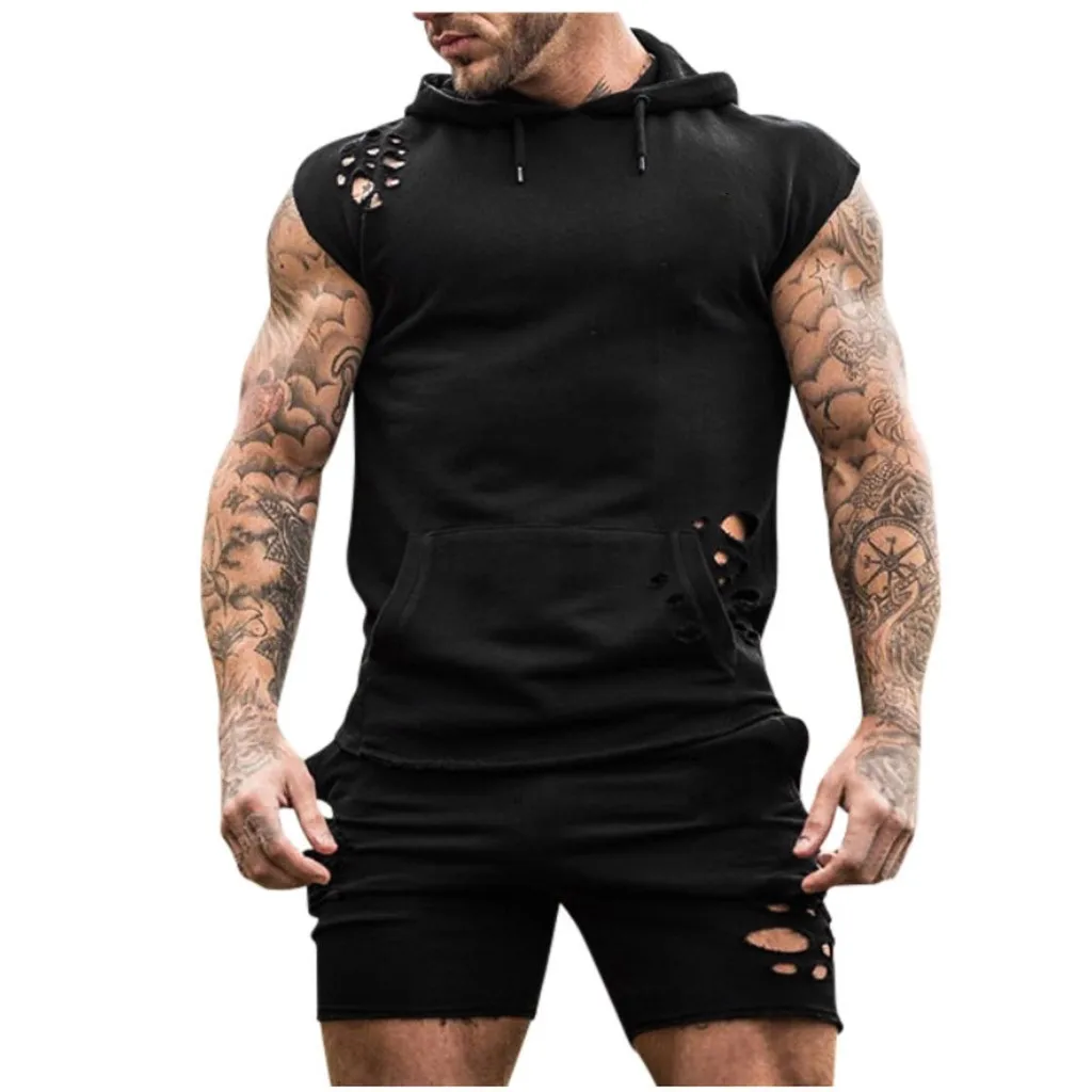 Новые летние мужские комплекты с дырками брендовая толстовка капюшоном +