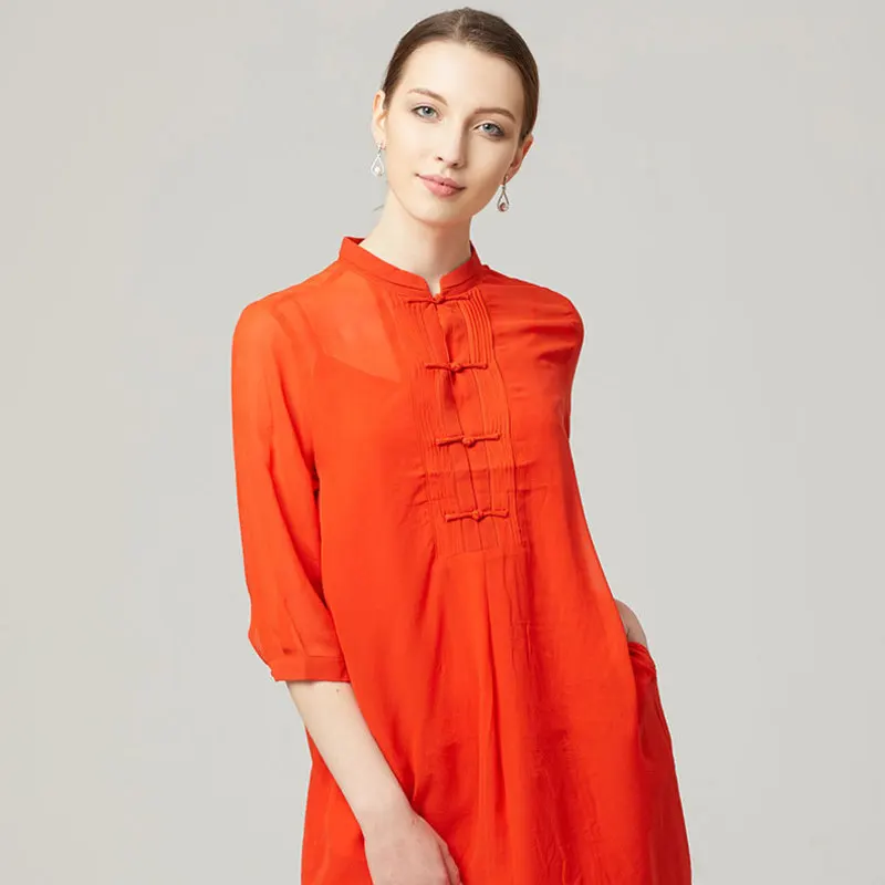 

silk dresses women natural 2020 spring summer orange crepe qipao office casual sexy beach party dress plus size high quality