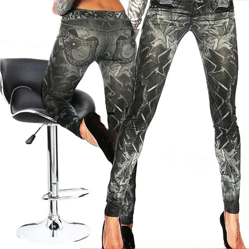 

New Slim False Imitation Jeans Fitness Leggins Women Denim Leggings Nine Pants Tattoo Painted Leggings Black One Size