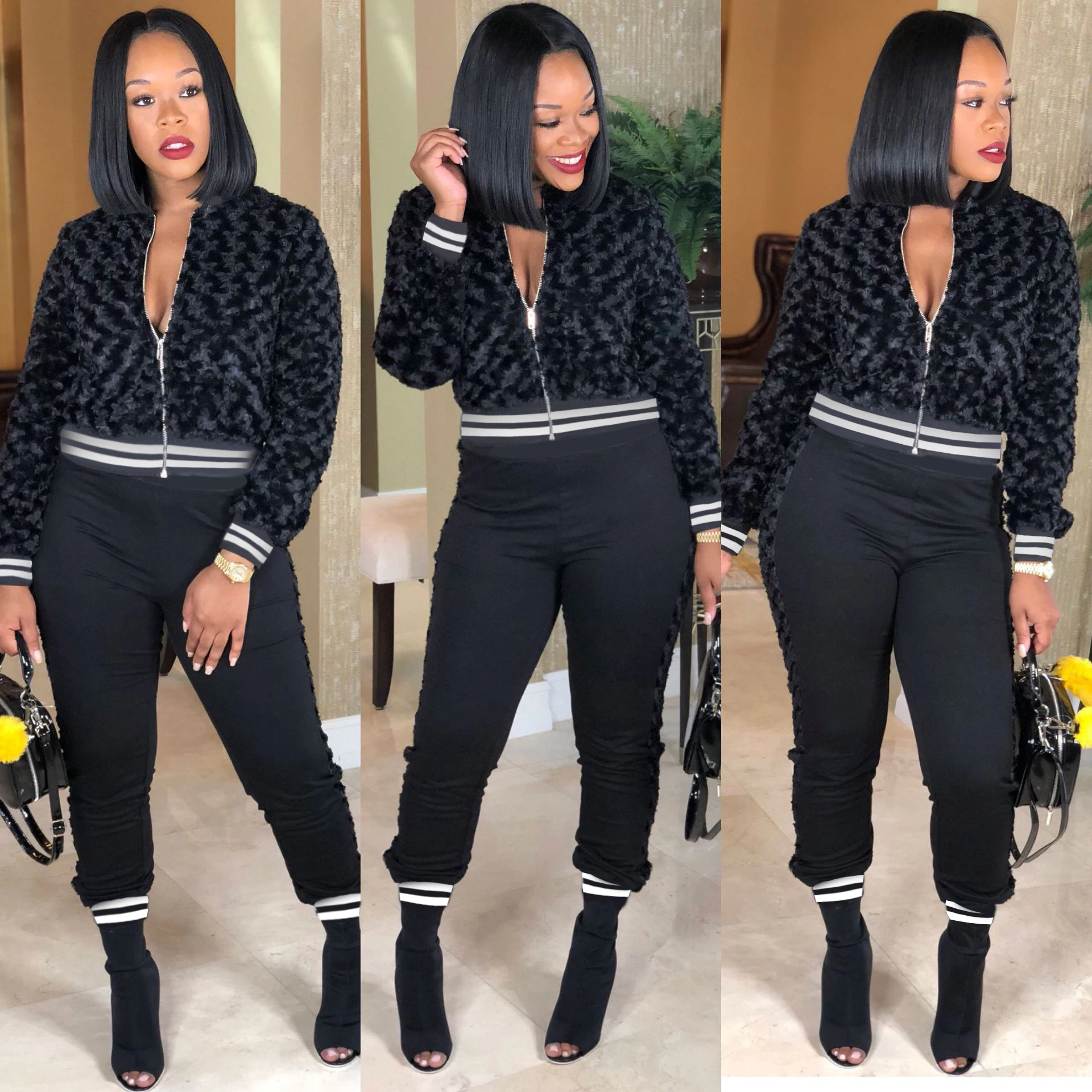 Женский Повседневный шерстяной костюм Wjustforu куртка на молнии с длинным рукавом и