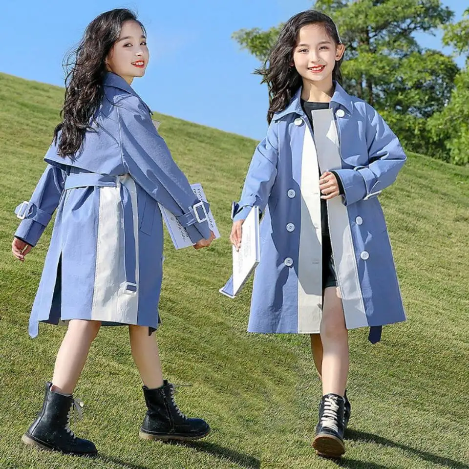 

2021 Spring Autumn Thin Girls Trench Coats Fashion Turn-down Collar Jackets Outwear For 6 7 8 9 10 11 12 13 Year Girl Clothing