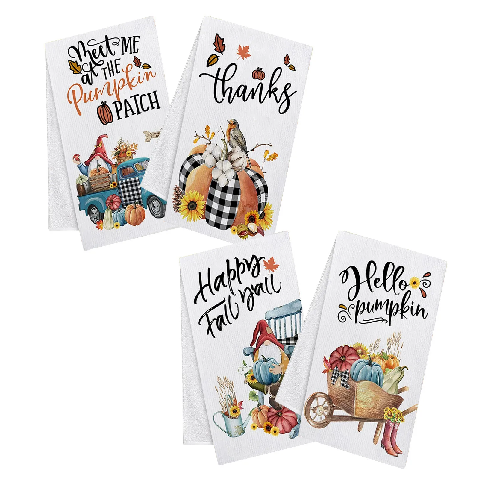 

4pcs Fall Pumpkin Saying Kitchen Dish Towels Autumn Buffalo Check Farmhouse Absorbent Fast Drying Cloth Decorative Tea Towels