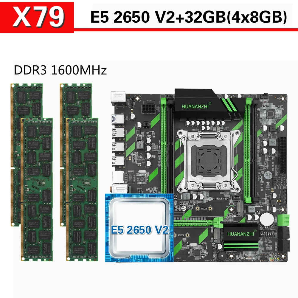 Материнская плата HUANANZHI X79 с Xeon E5 2650 V2 4x8 ГБ = 32 Гб 1600 МГц память DDR3 ECC REG|Материнские