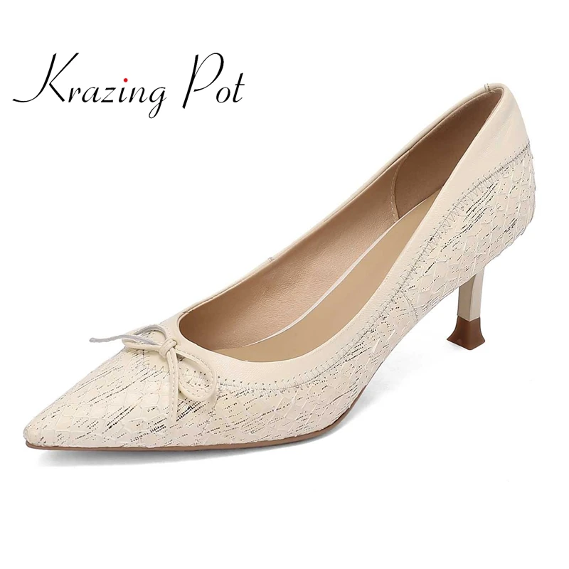

krazing pot snake leather pointed toe stiletto high heels butterfly-knot French romantic young lady party mature women pumps L02