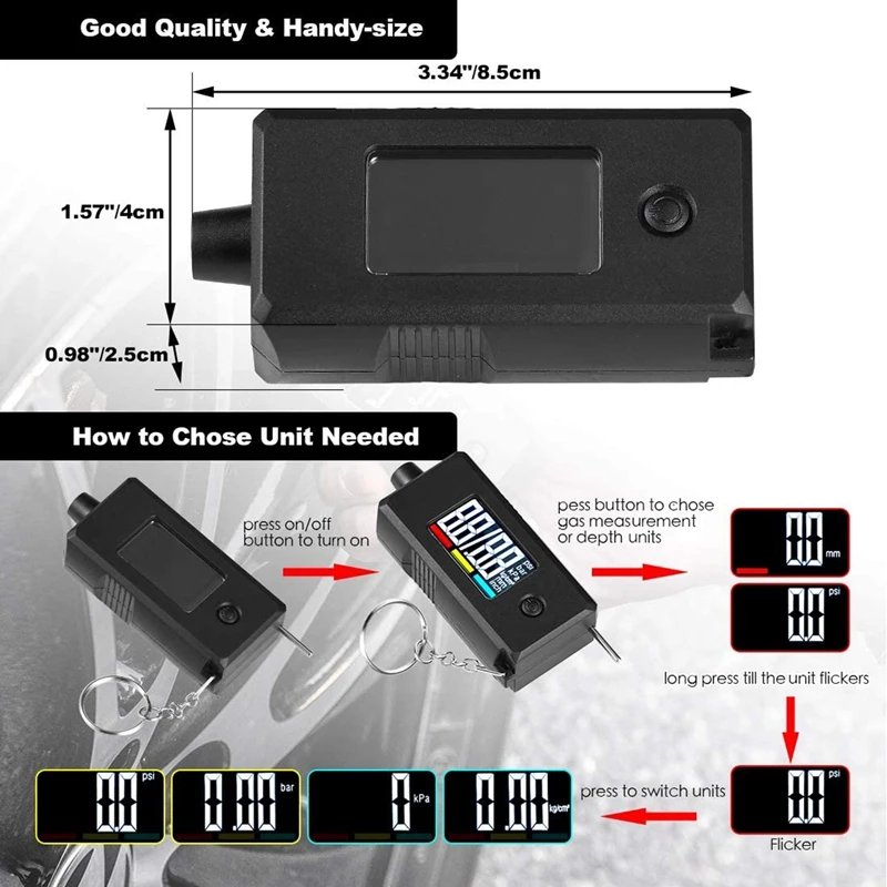 

Tyre Pressure Gauge Digital Tyre Tread Depth Gauge 2 in 1 Car Tyres Pressure Gauge Come with Key Ring for Cars SUV Truck