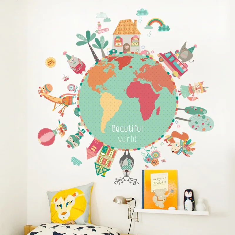 

Cartoon Kid's Room Wall Decoration Creative Colorful World Wall Stickers for Kindergarten Bedroom Earth Wall Stickers