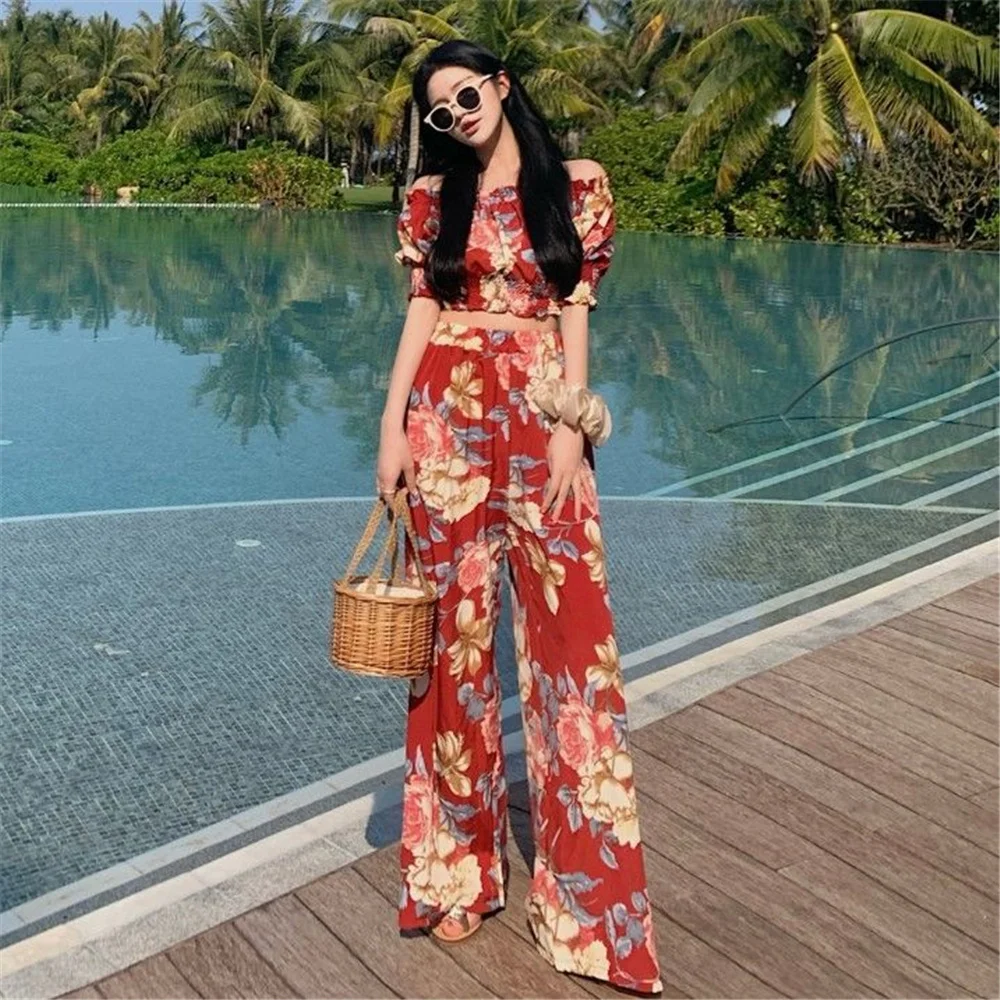 

DAILOU Two Piece Sets Women Tracksuits Off Shoulder Crop Top Wide Leg Pants Print Sets Female Sports Beach Casual Loose Suits