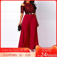 plus size high waist plain long sleeve jumpsuit women elegant formal party swallowtail slim autumn ladies red wide leg jumpsuits