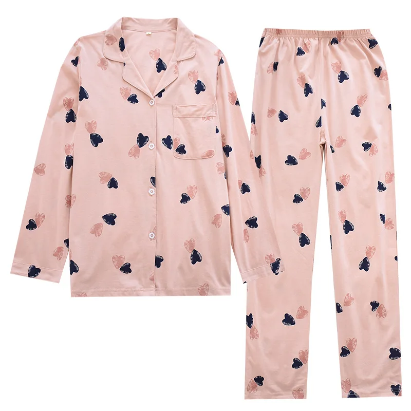 

Korean New Spring and Summer Women Pajamas Knit Cotton Long Sleeve Sleepwear Set Heart Shaped Soft Loose Comfortable Home Wear