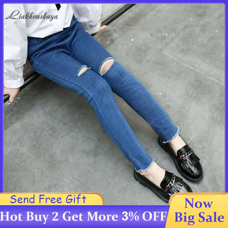 Весенние джинсы для маленьких девочек модные брюки с эластичной резинкой на