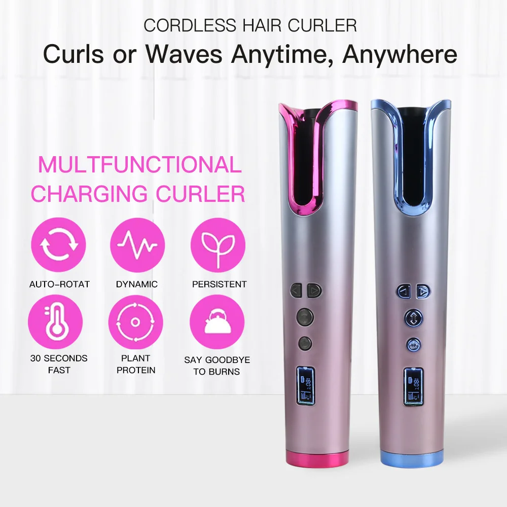 Automatic Curling Iron Air Spin and Curl Ceramic Rotating Cordless Hair Curling Iron Wand Auto Rechargeable Portable Hair Curler