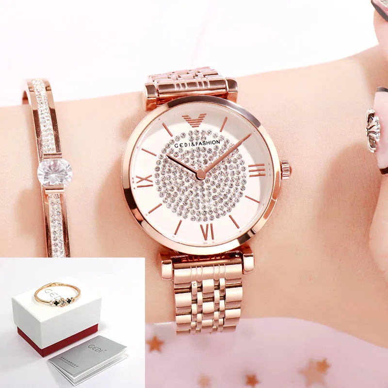 Rosegold white box ЖЕНСКИЕ НАРЯДНЫЕ часы GEDI, роскошные часы с кристаллами, кварцевые часы для девушек, роскошные женские наручные часы из нержавеющей стали, часы reloj mujer - Цвет: Rosegold white box
