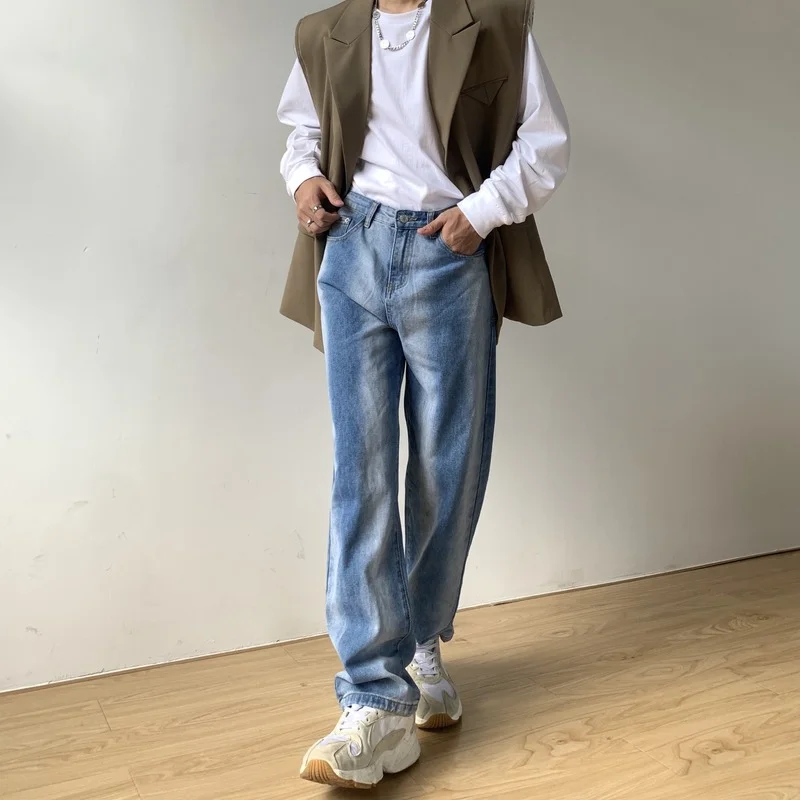 Unique Gradient Jeans Men Korean Stacked Jeans Loose Drooping Boyfriend Straight Wide Leg Pants Man Trousers Trendy Denim Jeans
