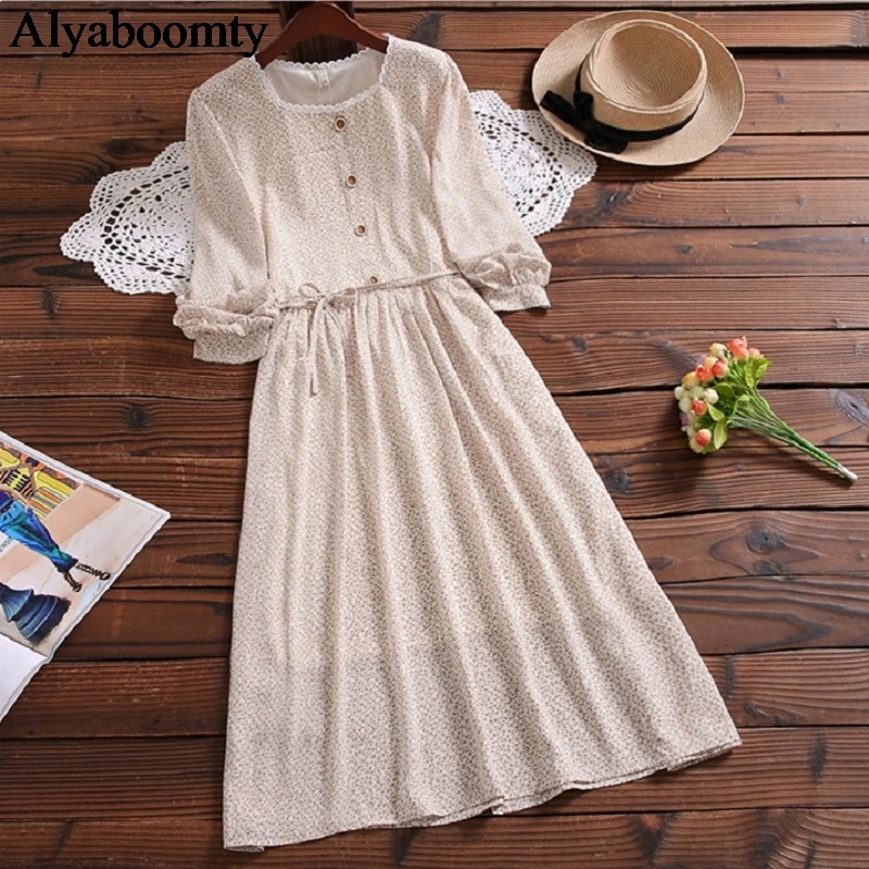 2020 японское женское длинное платье Mori весна осень абрикосовое черное с цветочным