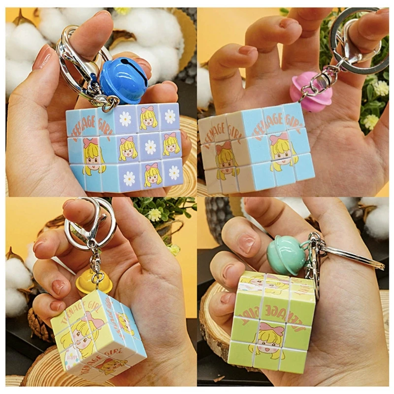 

K5DA Cartoon 3x3x3 Puzzle Cube Keychain Metal Ring Bell Pendant Keyring Toys Gifts