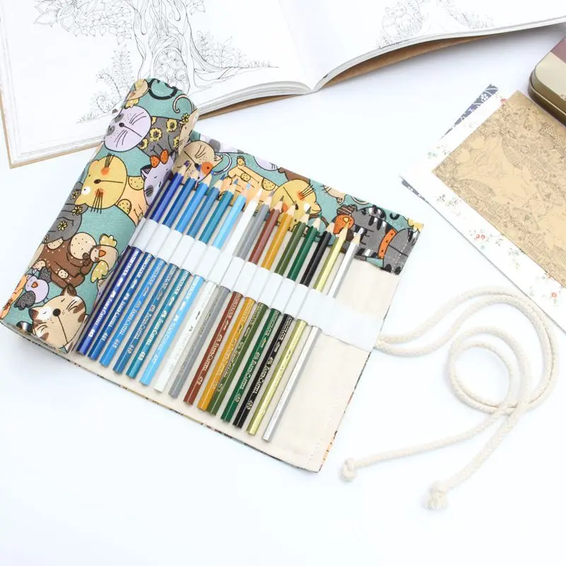

National Canvas cat School Pencil Case 36/48/72 Holes Roll Up Pencil Bag Portable Pencil Box School Supplies material escolar