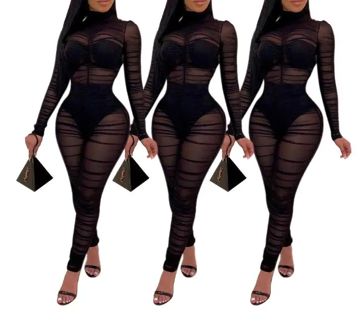 Sexy Black Women Jumpsuit Mesh Clubwear Romper Autumn Long Sleeve Turtleneck Skinny See-through Party Club Long Overalls