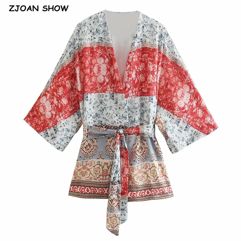 

Женское кимоно в богемном стиле, праздничная пляжная рубашка средней длины с контрастными листьями и цветочным принтом, кардиган с бантом и...