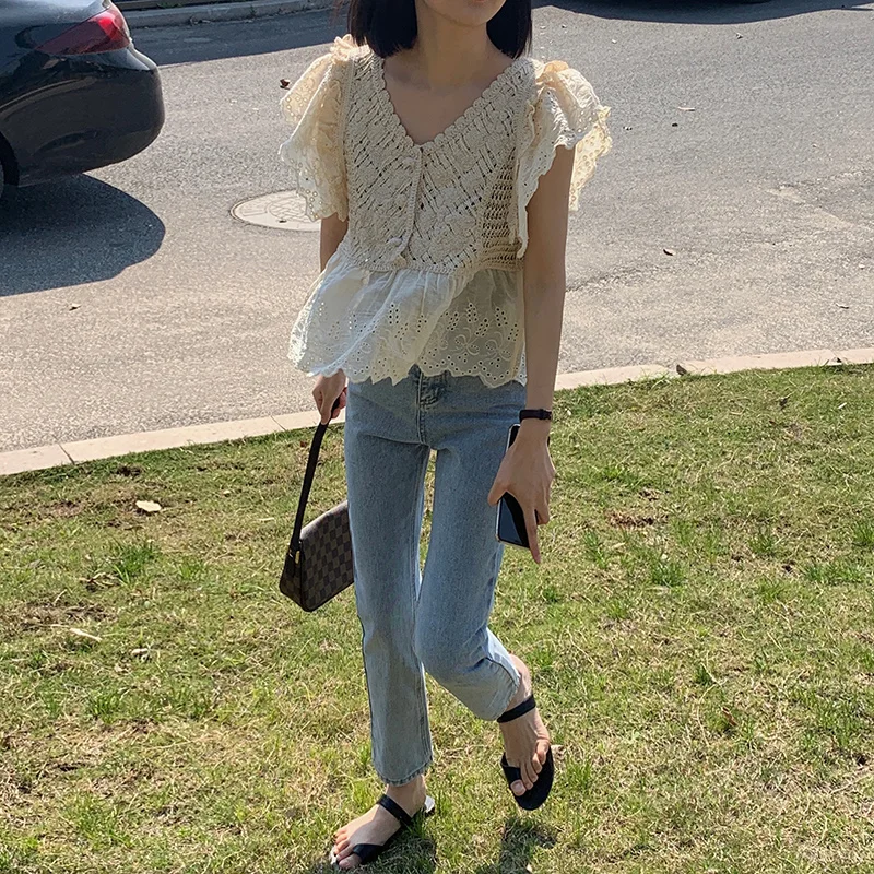 Новинка 2020 женская блузка в стиле ретро с вырезами виде цветов короткая рубашка