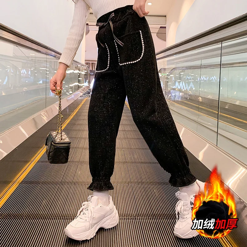 

Girl Pants Elastic Waist Solid Corduroy Pants Teenage Clothing Leisure Ankle- Length Trouser Loose Basic All-match Cute Kidswear