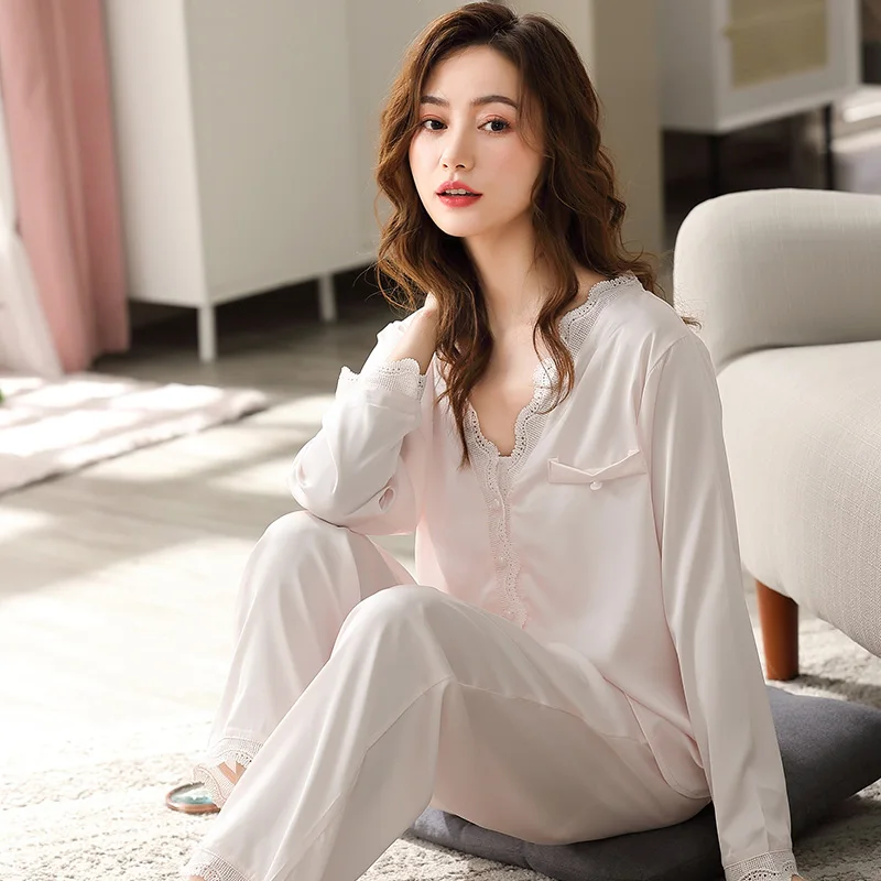 2022 New Women Ice Silk Pajamas Set 2 Pcs Sleepwear Pyjamas Suit for Ladies Home Clothes High Quality Imitation Silk Pijamas