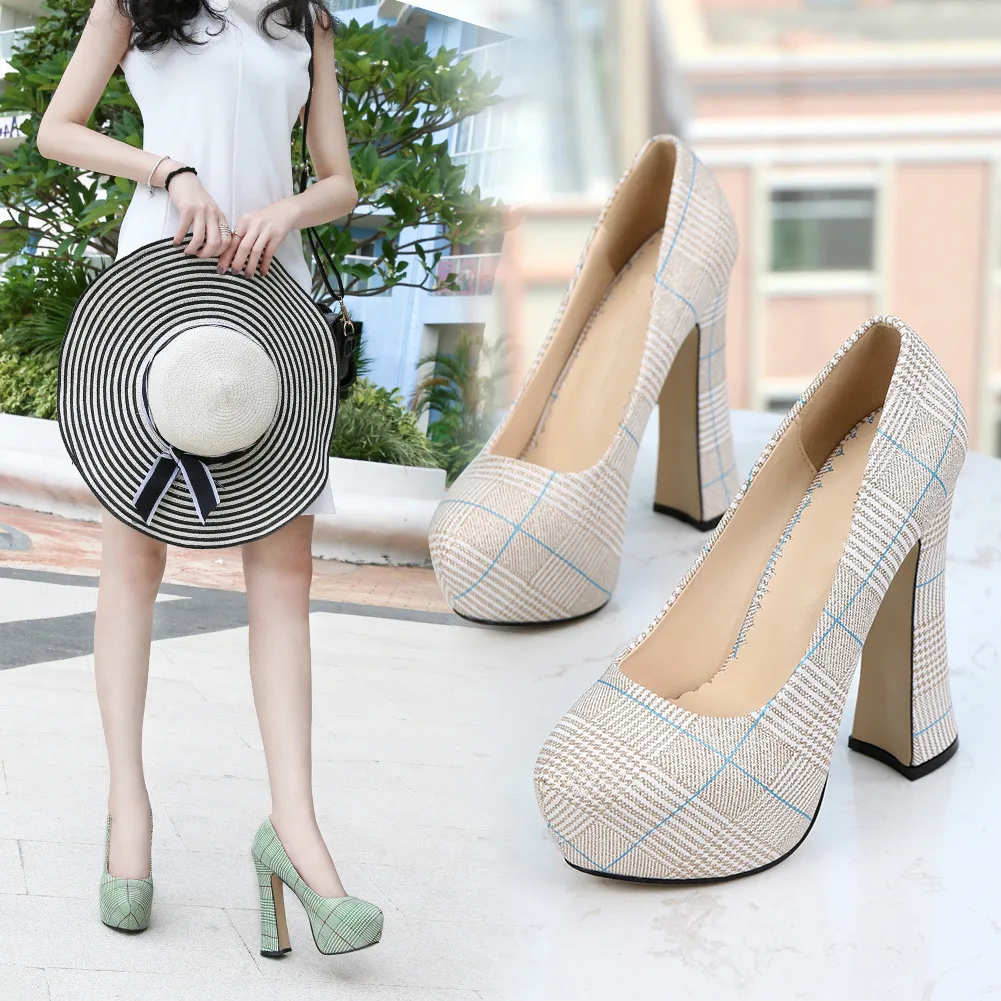 

New Women Pumps Shoes Office Pointed Toe Sweet Slip-On Shallow 14cm Thick High Heels 4cm Platform Party Female Shoes Plus Size