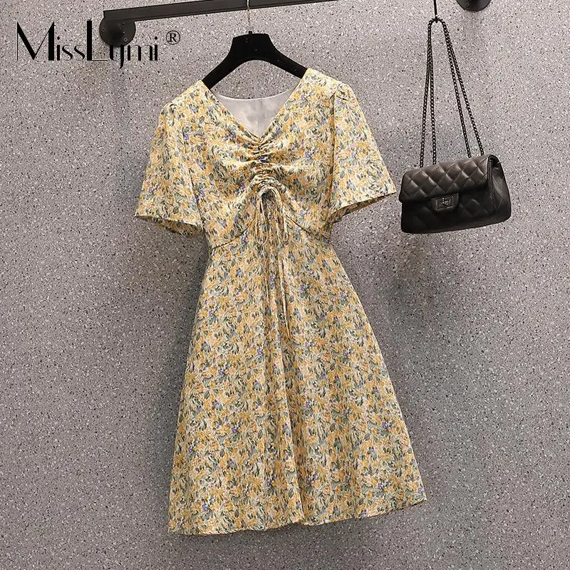 

L-4XL Plus Size Women Floral Chiffon Dress Yellow Summer 2021 Fashion V-neck Short Sleeve Casual Loose Drawstring A-line Dresses