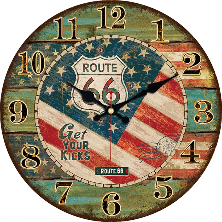 Reloj de pared redondo de madera con diseño de la bandera de Get Your Kicks Route 66, reloj de pared redondo de estilo rústico Vintage para casa de campo y tucán