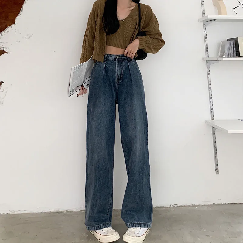 

Korean Chic Casual Women Water Wash High Waist Denim Trousers 2021 Autumn New Female Jeans Straight Ladies Wide Leg Pants