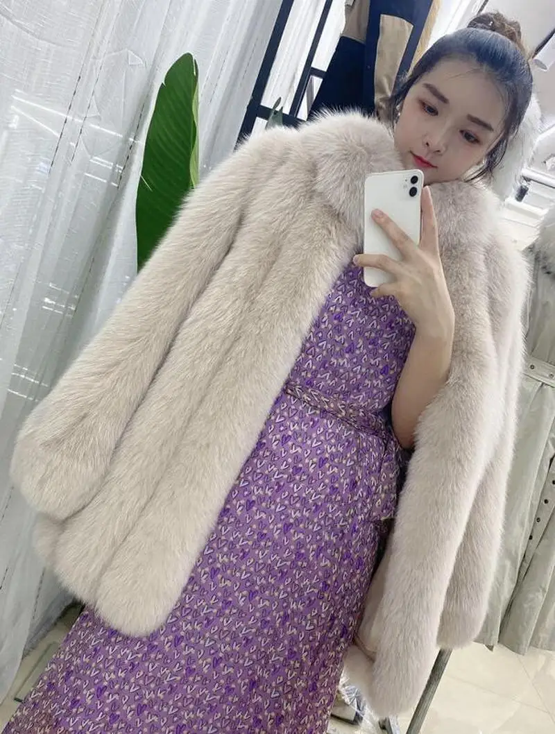 

2020 Women Fox Fur Coats Jackets Winter Real Fur Garments Long Sleeves Hot Sale Turn-down Collar Luxury Blue Fox Overcoats Warm