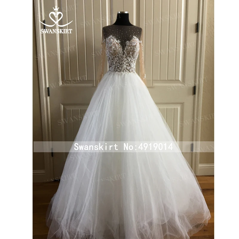 Fairy Tulle Wedding Dress Swanskirt Sweetheart Long Sleeve Illusion A-Line Princess Bride Gown Princess Robe De Mariee I169