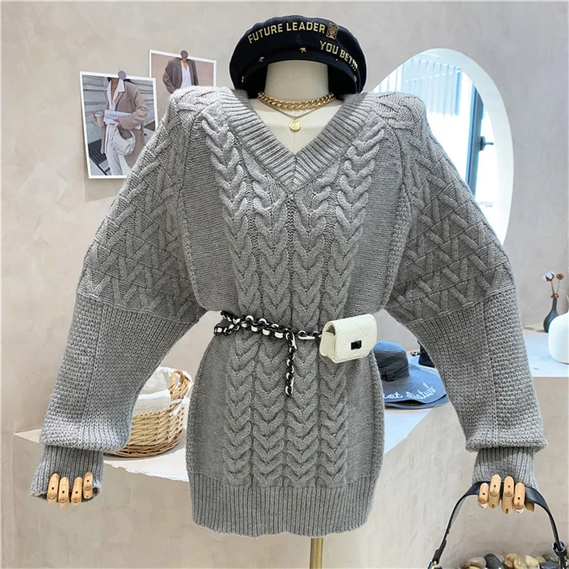 

Новинка, женская одежда, осень 2021, элегантный тонкий и свободный трикотажный Универсальный свитер средней длины с длинными рукавами и V-обра...