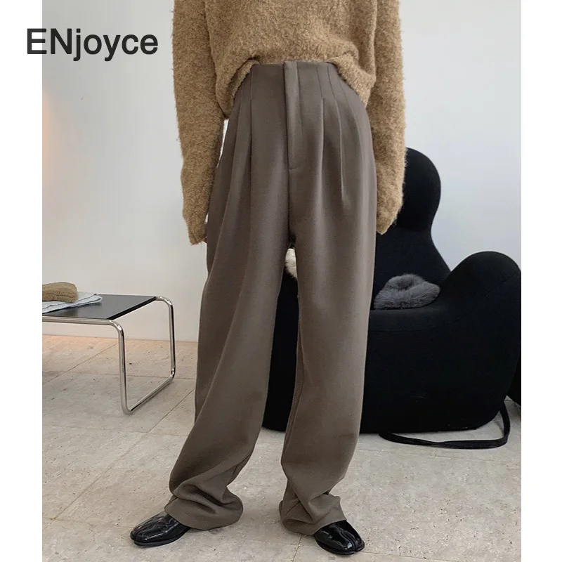Women High Waist Wide Leg Plus Long Wool Straight Pants British Loose Trousers Office Ladies Thick Winter Chic Quality Suit Pant