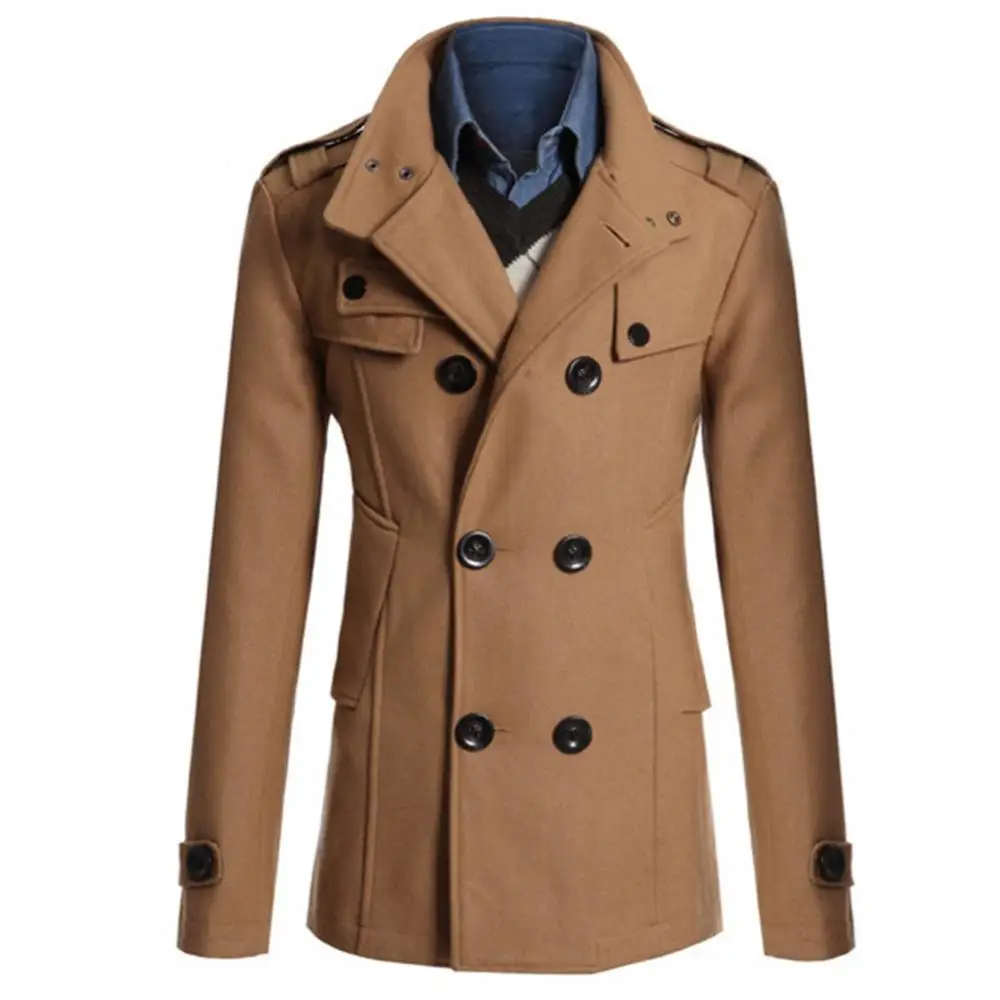 

Men Long Sleeve Lapel Collar Double-breasted Pockets Woolen Slim Trench Coat