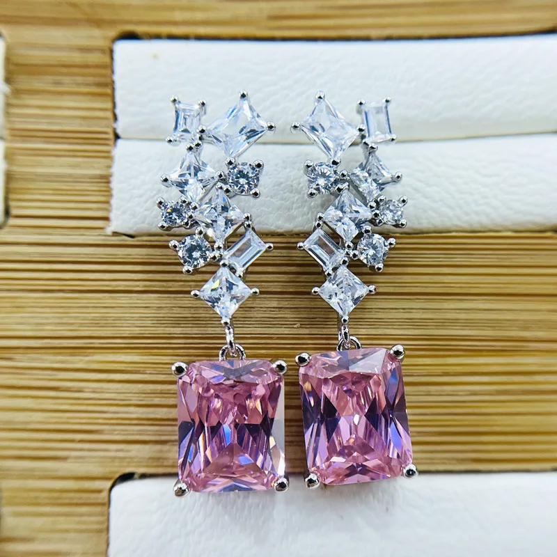 925 Sterling Silver Female Luxury Earring 30mm Long Shiny Crystal Excellent Wedding Jewelry Earring for Women Bride