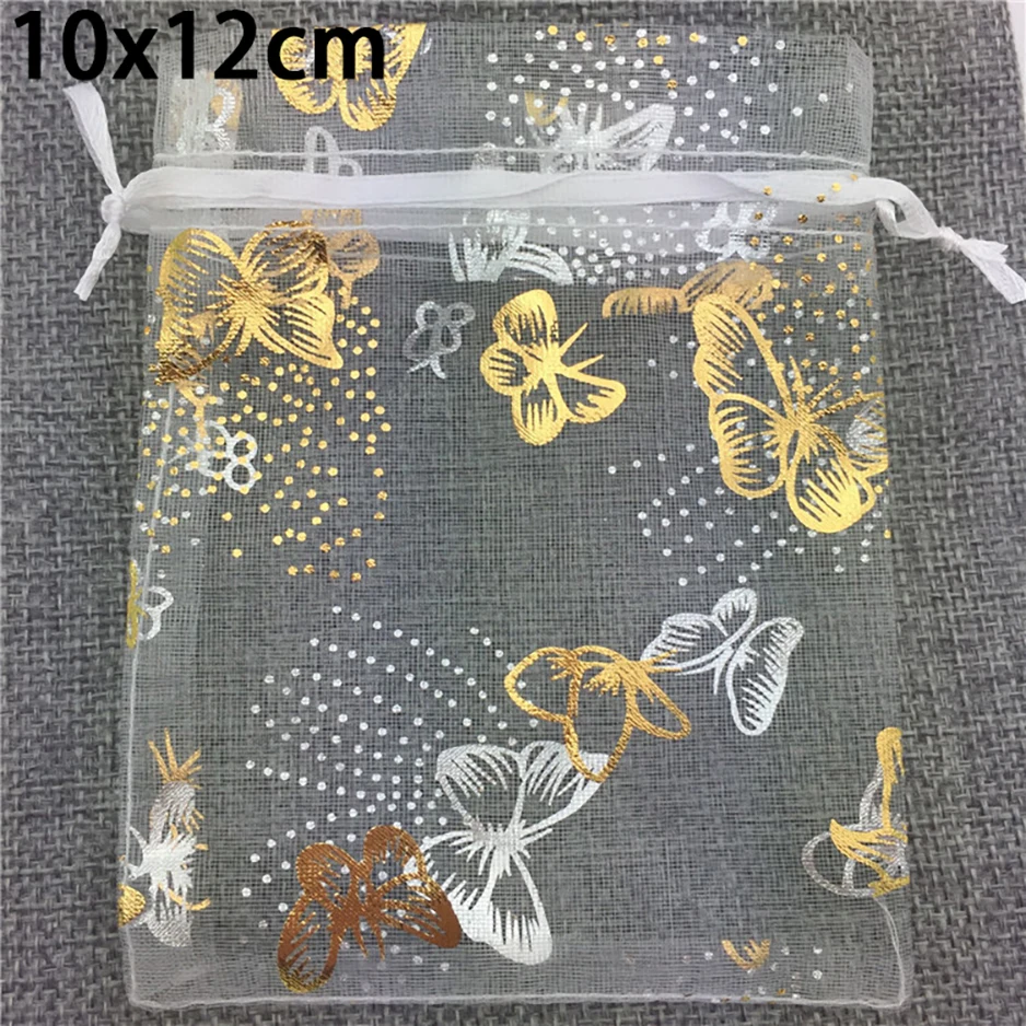 

100 шт./лот 10x12 см Золотая Бабочка из органзы, сумки для упаковки ювелирных изделий, свадебные косметички, белый желтовато-зеленый чехол