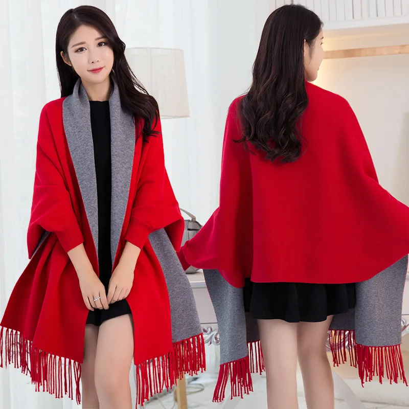 

Oversize Out Wear Scarf Winter Knitted Poncho Women Solid Design Cloak Female Long Batwing Sleeves Coat Vintage Shawl