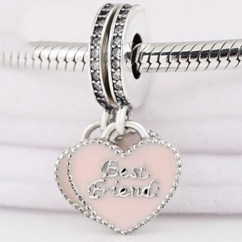 

100% 925 Sterling Silver Charm Pink Enamel Love Pendant Fit Pandora Women Bracelet & Necklace Diy Jewelry