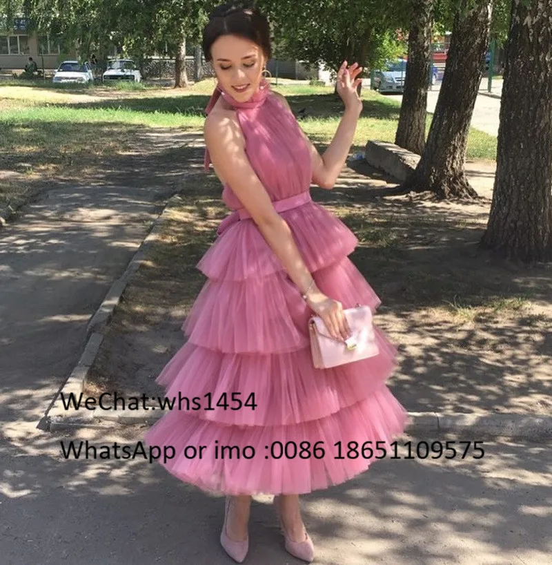 Mbcullyd Tea Length Long Evening Dress For Women 2020 Sexy Halter Neck Middle East Tulle Prom Dresses Robe De Soiree Cheap Sale | Свадьбы и