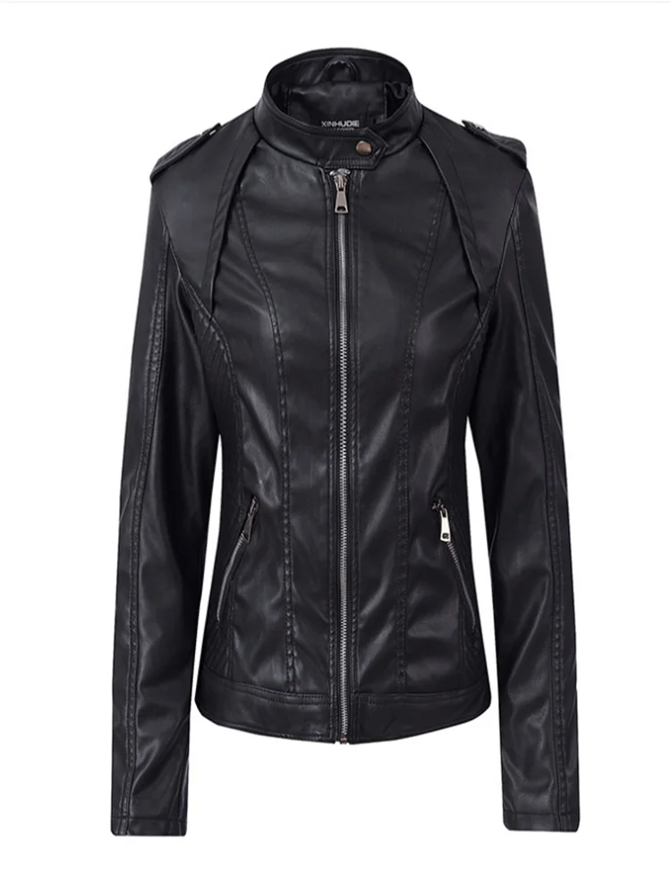Новая осенняя и зимняя кожаная тонкая короткая женская куртка со стоячим