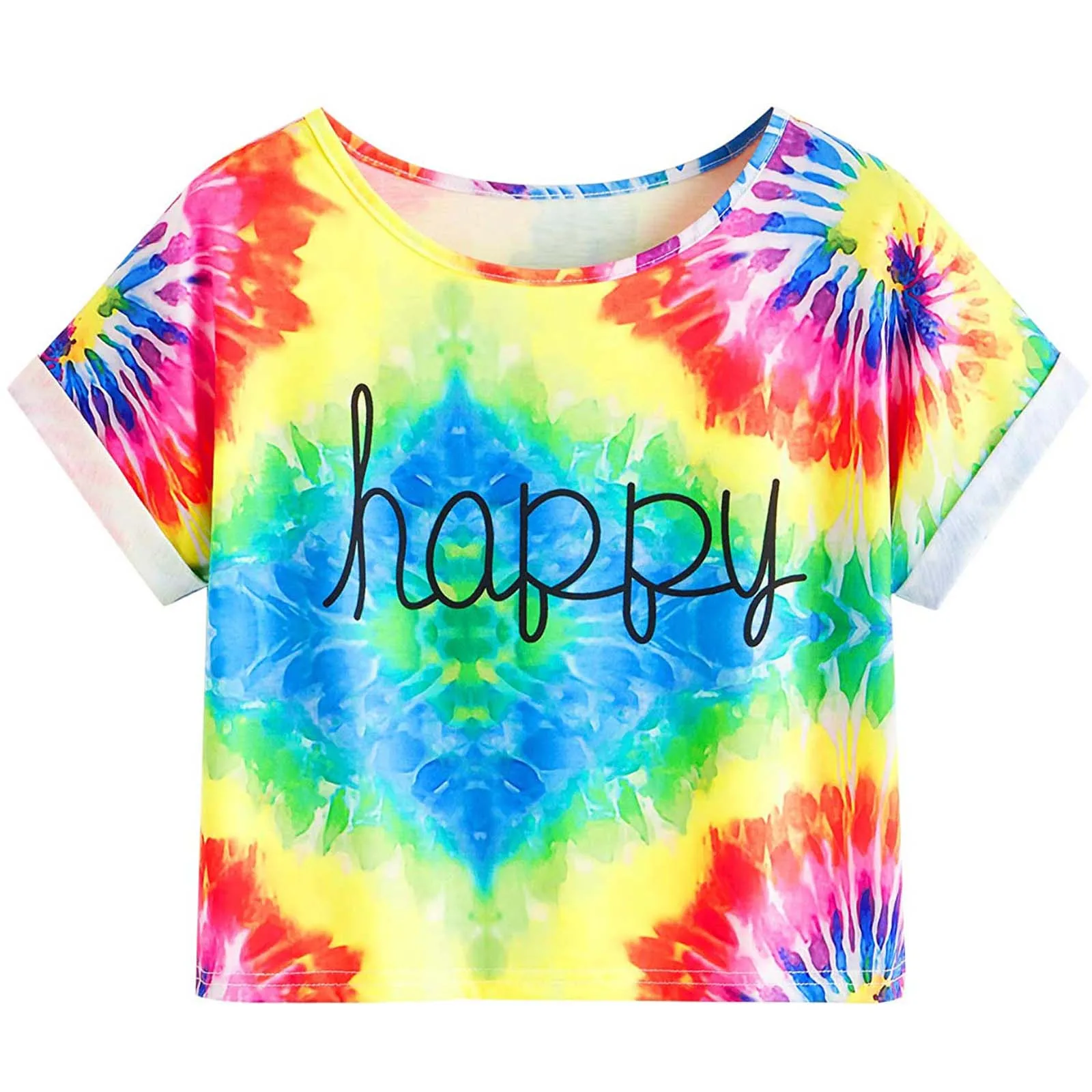 

Women Fashion Letter Tie-dyed Colour Easy Exposed Navel Women's Fashion Letter Tie-Dye Color Loose Navel Short Sleeve T-Shirt
