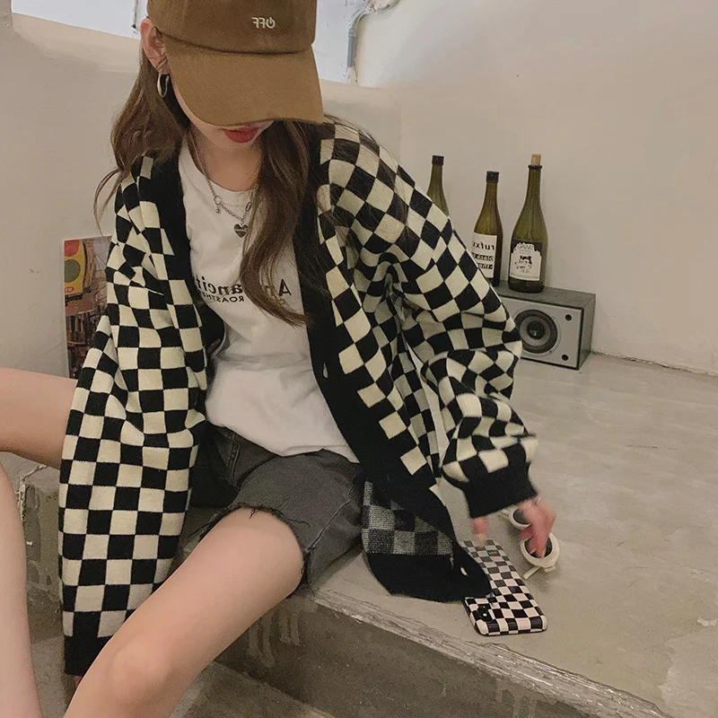 

Женское трикотажное пальто в стиле ретро, контрастное Свободное пальто в клетку с длинным рукавом и V-образным вырезом, осень