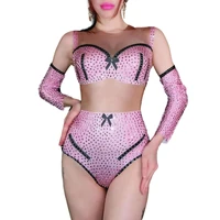 pink bow party outfit jumpsuit rhinestone splicing hollow out nightclub dance costume women sexy show bodysuits