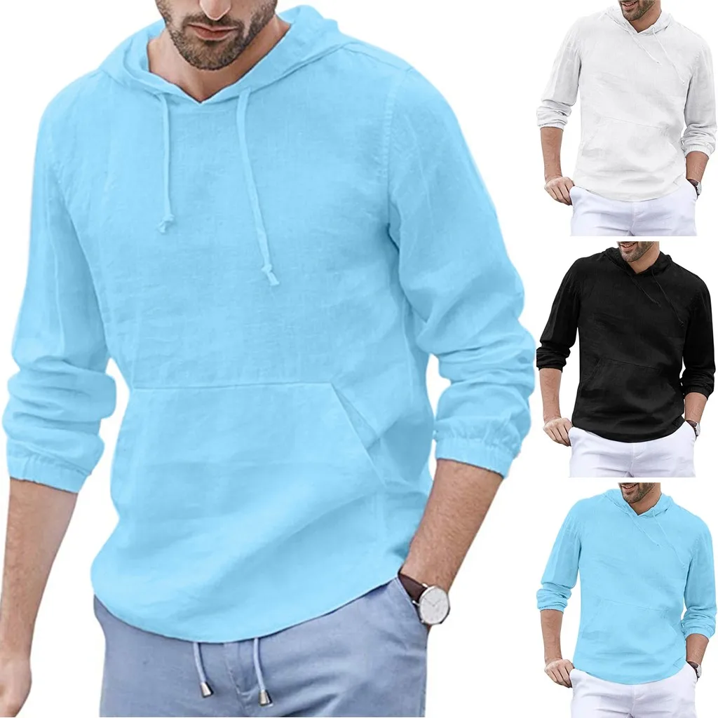 

Men's long-sleeved hooded T-shirt top casual loose thin cotton and linen hooded pocket solid color long-sleeved to