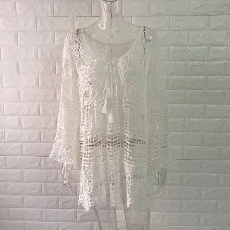 Summer Beach Dress Sexy Perspective Black White Color Bikini Cover Up Wear Skirt Robe Plage Coverups For Women | Женская одежда