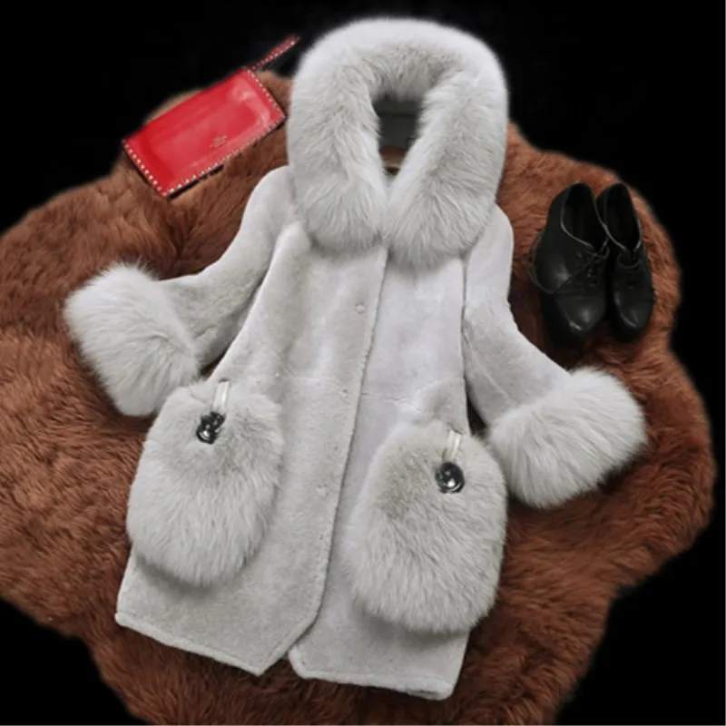 High-end Winter Faux Fox Women Fashion Fake Fur Coat Hooded Jacket Slim Nine Quarte Turn-down Collar Overcoat