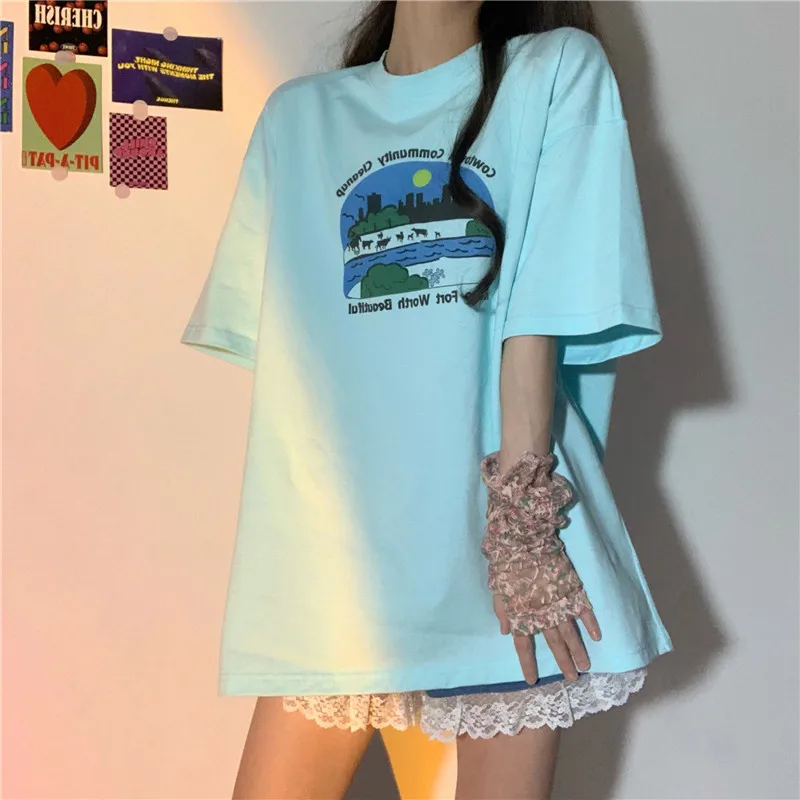 

Summer The New 2021 England Style Retro T-Shirts for Women's Clothing Fashion Loose Cartoon Pattern Printing Tops Ins Tide Tees