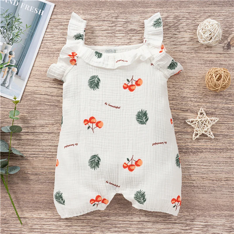 

0-24Month Baby Girls Casual Sleeveless Romper with Cherry Print,Children Girls Ruffle Decoration,Cool Cute Style Summer Clothing